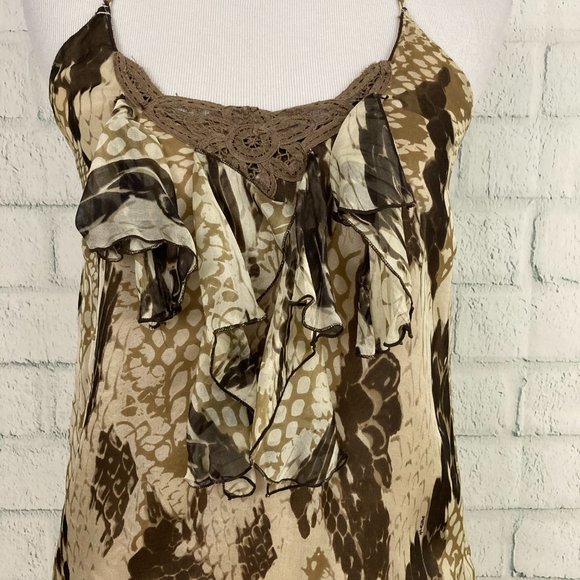 Hale Bob Silk Snake Print Blouson Halter Top Size S Lace Trim Lined Tan Brown - Picture 3 of 7